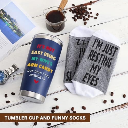 Husband Anniversary Men Gifts for Him from Wife, Husband Birthday Christmas Stocking Stuffers Gift, Wedding Anniversary Men Gifts for Husband Who Has Everything, 20oz Dark Bule Tumbler Cup ＆ Socks