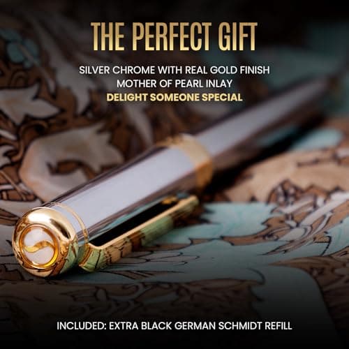 Scriveiner Silver Chrome Rollerball Pen - Stunning Luxury Pen, Real Gold Plating, Schmidt Ink Refill, Best Roller Ball Pen Gift Set for Men & Women, Professional, Executive Office, Fancy Pens