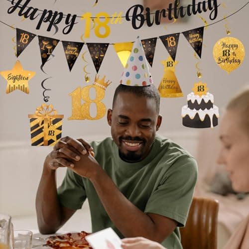 Black & Gold 18th Birthday Banner with 10PCS Swirls - Happy 18th Birthday Decorations for Boys & Girls