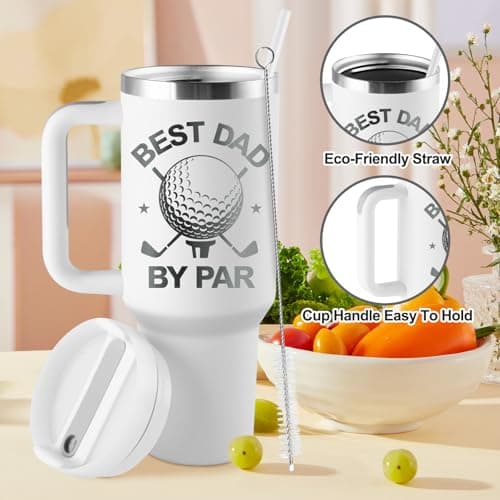 Golf Gifts for Dad - Fathers Day Golf Gifts for Men - Funny Golfer Gift Ideas for Him - Best Dad By Par - 40oz Travel Cup Insulated Tumbler with Handle & Straw