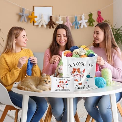 Y1tvei Cartoon Cat Canvas Bags - 2Pcs It’s A Good Day to Crochet Canvas Tote Bag Makeup Pouch, Reusable Grocery Folding Shopping Handbag, Knitting Crocheting Funny Gifts for Knitter Crocheters Women