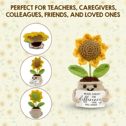Mini Positive Crochet Sunflower, Cute Cheer Up Gifts for Women, Crochet Plant with Optimistic Card for Nurse Teacher Boss, Thank You Gifts for Friends, Coworker and Sunflower Decor