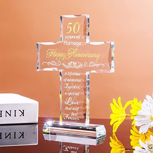 YWHL 50th Wedding Anniversary Religious Cross Gifts for Women Men, 50 Year Anniversary Romantic Gift for Him Her, Laser Engraved Glass Standing Cross Keepsake for Couple, 50 Years of Marriage Present