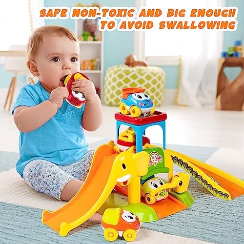 Marstone Toddler Toys for 1 2 Year Old Boys and Girls Gifts: Educational Elephant Slide with 4 Animal Cars Toys for Baby 12-18 Months, First Birthday Present Learning Push Truck Track Ages 1-2