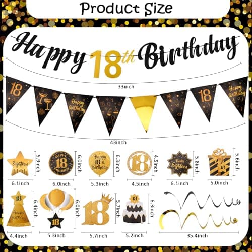 Black & Gold 18th Birthday Banner with 10PCS Swirls - Happy 18th Birthday Decorations for Boys & Girls