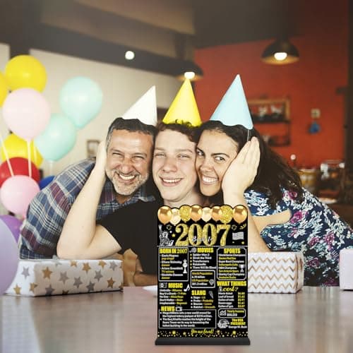 Black Gold 18th Birthday Decorations Gifts for Men Women, Two-Sided Vintage 18 Back in 2007 Theme Poster Wooden Table Sign with Stand, Eighteen Years Old Bday Centerpieces Holder for Table Decor