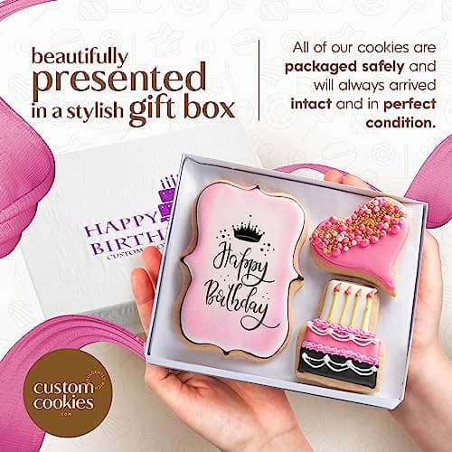 Happy Birthday Gift Basket Custom Sugar Cookies - Happy Birthday Cookies in Gift Box, Hand Decorated Kosher Treats for Women, Her, Wife - Bakery & Dessert Gifts as a Birthday Cake