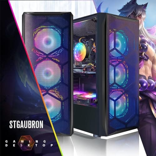 STGAubron Gaming PC Desktop Computer, Intel Core I7 up to 3.9 GHz, Radeon RX 580 8G, 16G RAM, 512G SSD, WiFi, Bluetooth 5.0, RGB Fan x6, RGB BT Sound Bar, Windows 10 Home