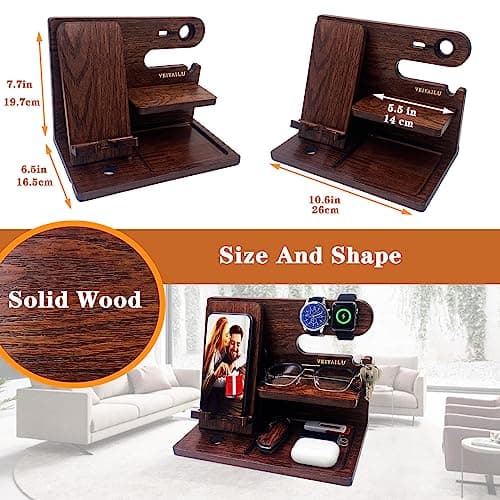 Gifts for Men Women Brother Boss Boyfriend Him Nightstand Organizer Gifts for Dad from Daughter Son Wood Phone Docking Station (Dark Brown)