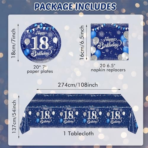 Blue 18th Birthday Decorations for Boys Girls Navy Blue Silver Happy 18th Birthday Napkins Tablecloth Plates for 18th Birthday Anniversary Party Supplies Year Old Party Decorations