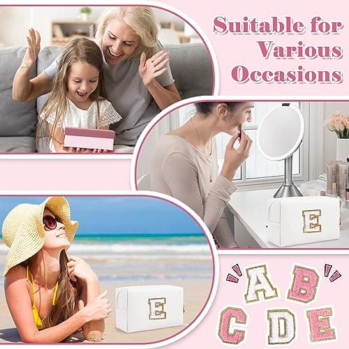 Small Personalized Initial A-Z Preppy Patch Makeup Bag,White PU Chenille Letter Travel Cosmetic Pouch with Zipper,Cute Toiletry Bag,Gift Ideal for Teen Girls Women Teacher Bridesmaid,Letter E