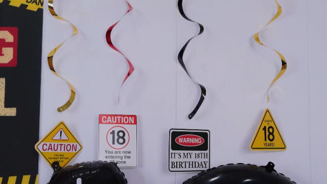 Roetyce 18th Birthday Decorations for Boys Girls, Caution Logos Happy 18th Birthday Banner Backdrop Balloons Hanging Swirls Kit, 18 Years Old Party Yard Door Wall Cover Background