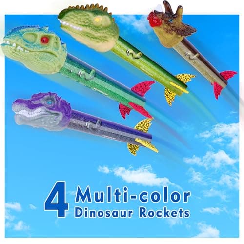 Dinosaur Toy Rocket Launcher for Kids - Launch Up to 100 Ft, 4 Rockets, Outdoor Outside Toys for Kids, Dinosaur Toys, Birthday Gifts for 3 4 5 6 7 8-12 Year Old Boys Girls