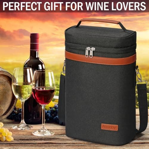 2 Bottle Wine Bag Wine Cooler Carrier Wine Gift Tote Bag, Leakproof & Insulated Bottle Bags for Travel, BYOB, Beach, Dinner, Party, Christmas Gifts for Wines Lovers Women Men - Black