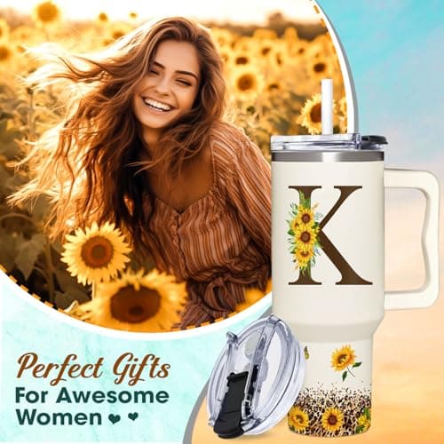 Personalized Birthday Gifts For Women - Sunflower Gifts For Women, Mom - Christmas Gifts For Womens, Mother's Day Gift For Mom, Boss - Monogrammed, Initial Tumbler Handle 40oz W Lids & Straws, K
