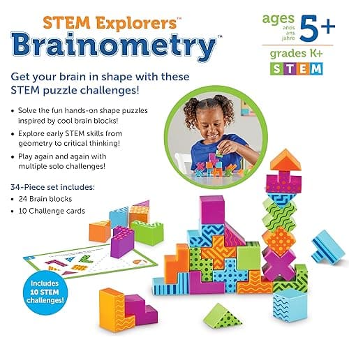 Learning Resources STEM Explorers Brainometry - 3d Puzzle, Brain Games, Brainteaser, Building Logic Toys, Gifts For Boys and Girls, Fine Motor Skills , Pattern Blocks, Math Manipulatives