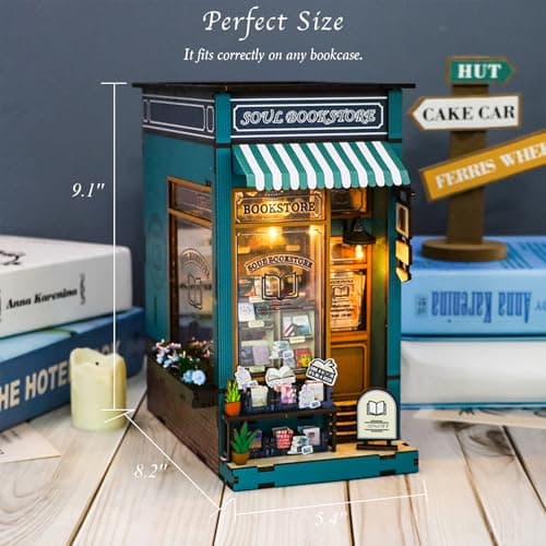 DIY Book Nook Kit with Music Box, Wooden 3D Puzzle Dollhouse with LED, Miniature House Kit Bookends for Adult and Teen, Bookshelf Decor, Creative Gift for Friends and Family. Soul Bookstore