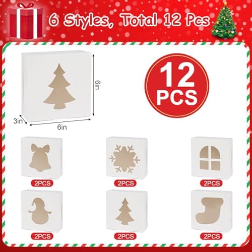12 PCS Christmas Cookie Boxes, 6×6×3 Inches Treat Boxes Tin, Small Pastry Boxes with Window, for Gift Giving Packaging Dessert Bakery Cupcake Baked Goods (White)