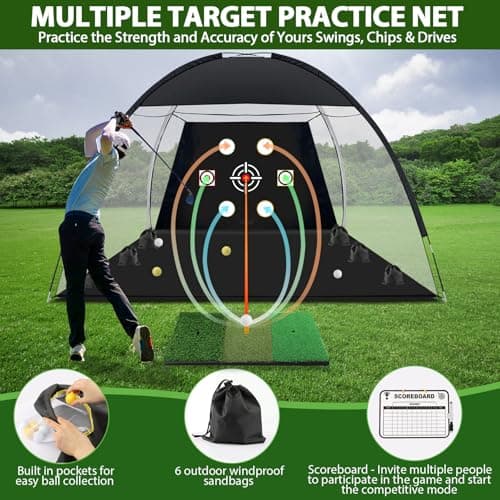 Golf Net, 10x7 Ft Practice Hitting Golf Net with Tri-Turf Mat, Ball, Tee, and Carring Bag, All-in-One Multi-Target Training Aid for Outdoor/Indoor Chipping & Driving, Ideal Gift for Men/Enthusiasts