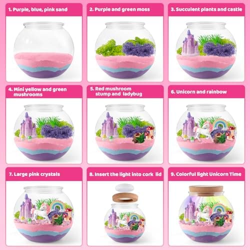 Unicorn Light-Up Terrarium Kit for Kids - LED Night Light Birthday Gift for Girls Ages 4 5 6 7 8-12 Year Old - Unicorn Toys for Girls - DIY Arts and Crafts Kit for Kids