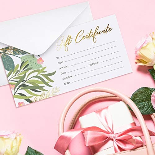 Sweetzer & Orange Blank Gift Certificates for Business with Gold Foil- 25 Gift Certificate Cards with Envelopes for Spa, Salon, Restaurants, Custom Client Vouchers for Birthday, Work Card – 3.75x7.5”