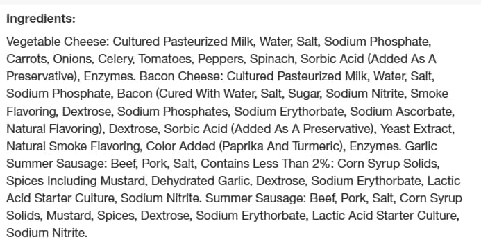 The Swiss Colony Cheese & Sausage 4-Pack – Original and Garlic Summer Sausages with Bacon, and Vegetable Cheese, Charcuterie Gift Basket for Holiday, Thank You Gifts, Adults, Women, Men, 14 oz.