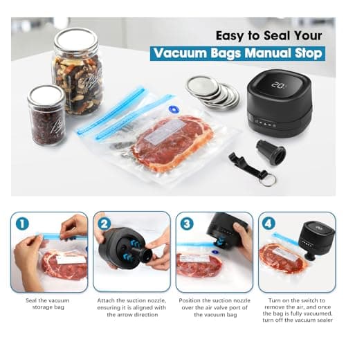 ZIWEO Mason Jar Vacuum Sealer Kit for Wide Mouth and Regular Mouth Mason Jars, Electric Vacuum Sealer with Suction Nozzle, 10 Lids and 1 Vacuum Bag, Compact and Auto Stop Design