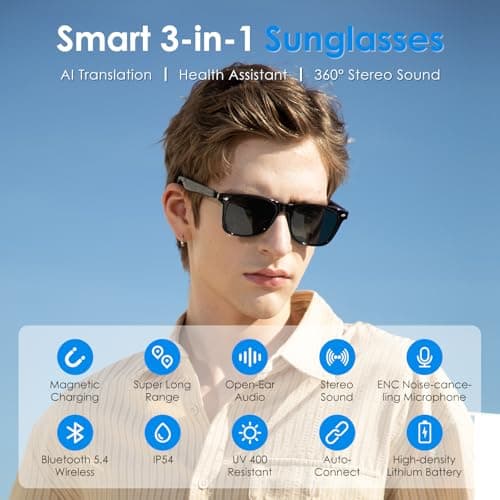AI Glasses for Men & Women, Smart Glasses Powered by ChatGPT, AI Real-time Translation with 145 languages, 11H Music Play, Bluetooth Sunglasses with Polarized Lens, UV Protection for Daily Use, Travel