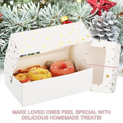 Zzrywuty 24 PCS Christmas Cookie Boxes for Gift Giving Golden Star White Bakery Boxes with Window,Christmas Treat Boxes for Pastry Dessert Cupcakes Mini Cake Pie Candy Donut,Baking Goods Packing Box