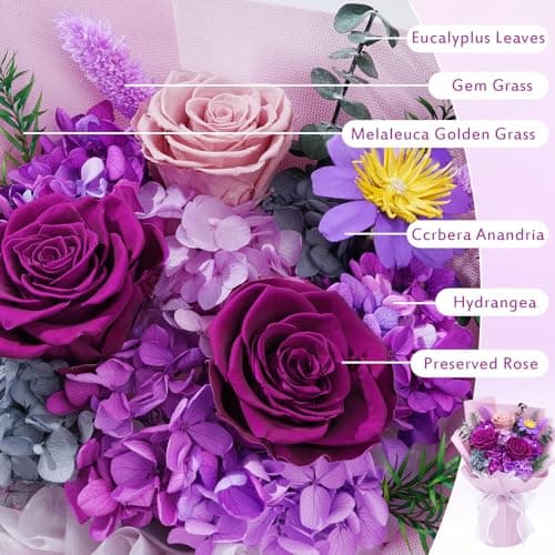 Waipfaru Preserved Flowers, Purple Fresh Bouquet with Gift Box, Flowers for Delivery, That Last 1-3 Years, Forever Flowers for Women Birthday Gift, Anniversary, Teacher, Mother Day