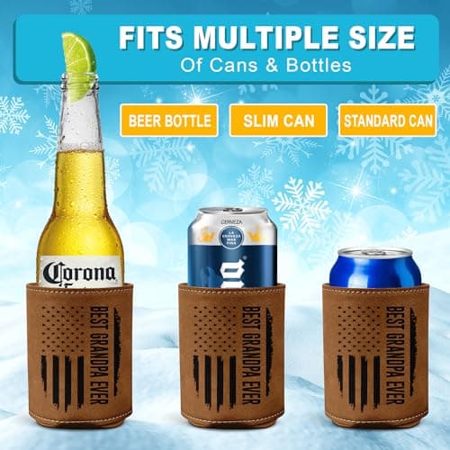 Best Grandpa Ever Gifts - Christmas, Birthday Gift For Grandpa From Granddaughter, Grandson, Kids - 12Oz Fit Collapsible Leather Beer Can Cooler Holder