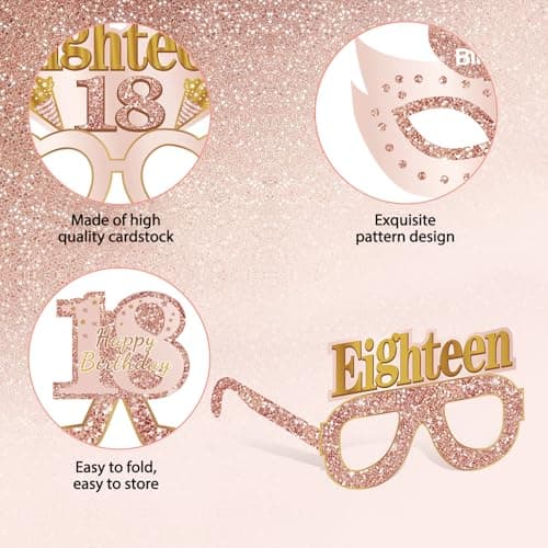 24PCS 18th Birthday Eyeglasses Decorations for Girls, Pink Rose Gold Happy 18th Birthday Paper Eyeglasses Party Supplies, Eighteen Year Old Bday Glasses Decor