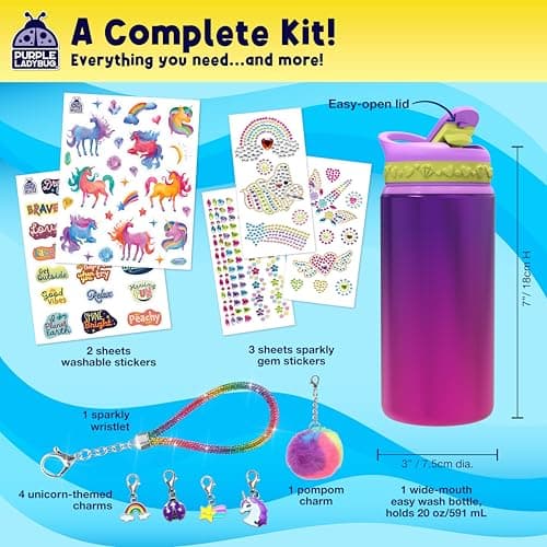PURPLE LADYBUG Decorate Your Own Water Bottle Kit for Girls - Gifts for Ages 5 6 7 8 9 10 Year Old Girl Birthday, Girl Christmas Gifts Unicorn Toys Crafts Kids Ages 6-12