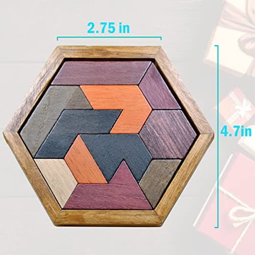 KINGOU Hexagon Tangram Puzzle Wooden Brain Puzzles for Kids & Adult Challenge Wooden Brain Teasers Puzzle Games for Family Party Gift - Brain Games for Kids