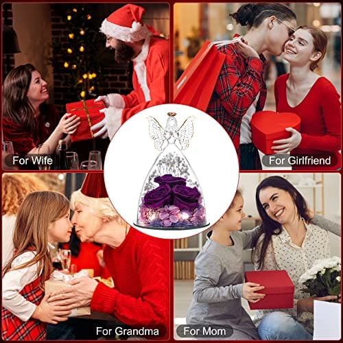 Christmas Rose Gifts for Women Preserved Real Flower in Glass Angel Figurines Roses for Delivery Prime Birthday Gifts for Mom Grandma Girlfriend Wife Her - Purple