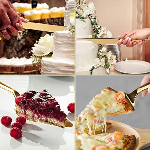 Cake Cutting Set for Wedding, Elegant Cake Knife and Server Set with Thickened Stainless Steel Rounded Edges, Cake Cutter Pie Spatula for Birthday Anniversary Christmas, 2 Pcs, Gold