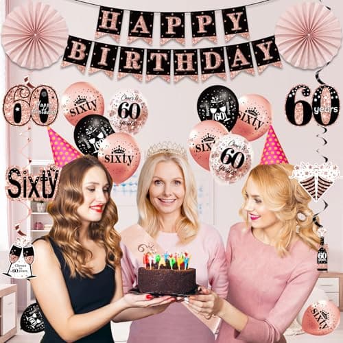 60th Birthday Decorations for Women, 33pcs Black Rose Gold Happy 60th Birthday Banner Crown and Sash Balloons Backdrop Hanging Swirls Paper Fans, 60 Years Old Party Supplies Kit