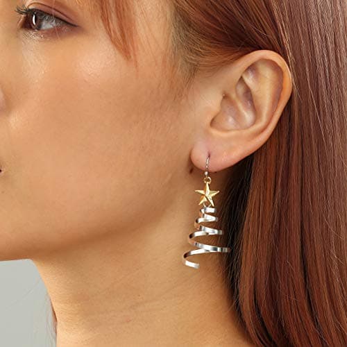 Handmade Christmas Tree Dangle Hoop Earrings Golden Silver Two Tone Women Holiday Gift, Thanksgiving Themed Earrings, Christmas Party Gift