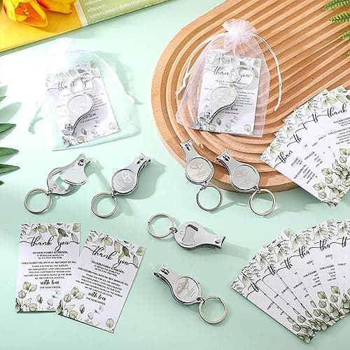 Fulmoon Wedding Multi Function Bottle Opener Nail Clipper Wedding Favors Brewery Cards White Organza Bags for Party Supplies Gift Souvenir Guests Men Women(50 Sets)