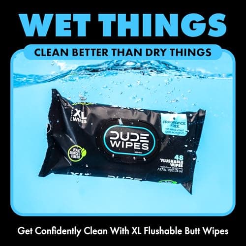 DUDE Wipes Flushable Wet Wipes 48 Count Dispenser, Unscented Wet Wipes with Vitamin-E & Aloe, Septic and Sewer Safe