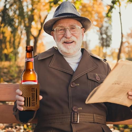 Best Grandpa Ever Gifts - Christmas, Birthday Gift For Grandpa From Granddaughter, Grandson, Kids - 12Oz Fit Collapsible Leather Beer Can Cooler Holder