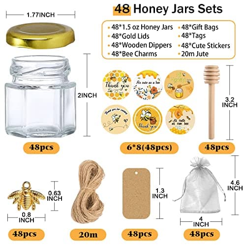 Aliggbent 48 Pack Mini Honey Jars Party Favors in Bulk, 1.5 oz Small Hexagon Glass Honey Jars with Dippers, Lids, Cute Stickers, Bee Charms, Gift Bags and Jute for Baby Showers, Weddings & Birthdays