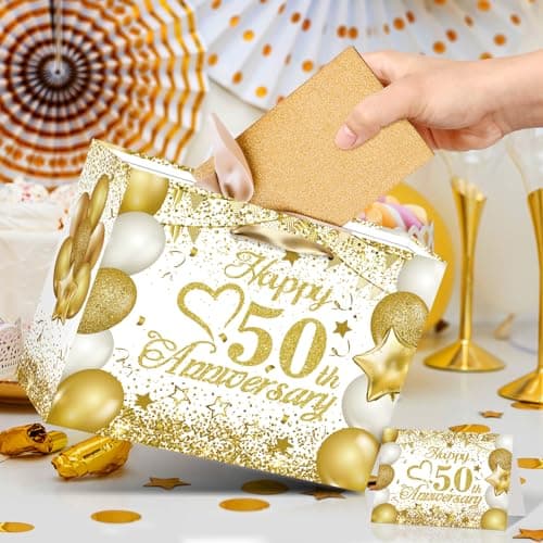 50th Anniversary Paper Gift Bag - White Gold Wedding Gift Wrapping Bag with Tissue Papers & Card - Perfect for Golden Wedding Anniversary or Christmas Decor