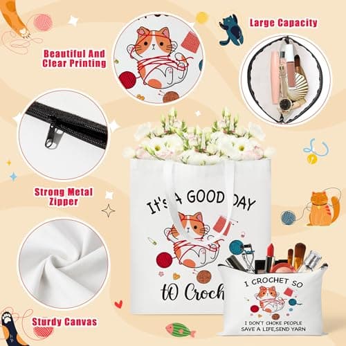 Y1tvei Cartoon Cat Canvas Bags - 2Pcs It’s A Good Day to Crochet Canvas Tote Bag Makeup Pouch, Reusable Grocery Folding Shopping Handbag, Knitting Crocheting Funny Gifts for Knitter Crocheters Women