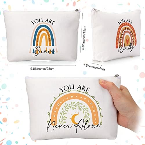 Coume 10 Pcs Rainbow Canvas Makeup Bags Bulk Inspirational Quotes Cosmetic Zipper Personalized Encouragement Travel Pouch Toiletry Bag for Women Girls Teacher Friend Birthday