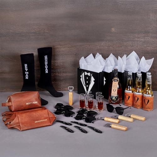 60Pcs Groomsmen Gifts Groomsmen Proposal Box with Shot Glasses Socks Sunglasses PU Leather Toiletry Bag Bottle Opener Can Cooler Groomsman Gifts for Wedding Groomsmen Best Man Gift (60, Brown)