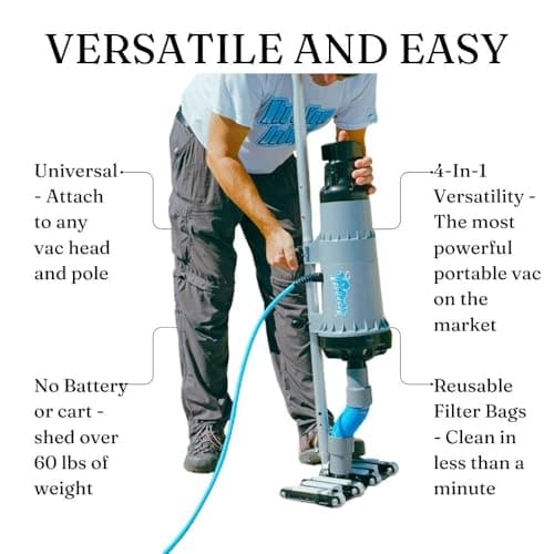 The VacDaddy FAST & POWERFUL Handheld Portable Pool Vacuum NO BATTERY REQUIRED! Cleans pools faster & better. Heavy Duty Professional Power for Residential and Commercial Inground & Above Ground Pools