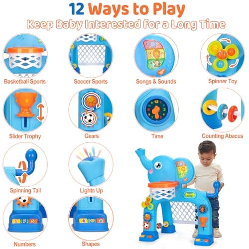 KIZZYEA Toys for 1 2 3 Years Old Boys Girls, Toddler Basketball Hoop & Soccer Goal, Montessori Toy, Interactive Musical Sports Toys with Light, Christmas Birthday Gifts for Baby Kids Age 12-18 Months