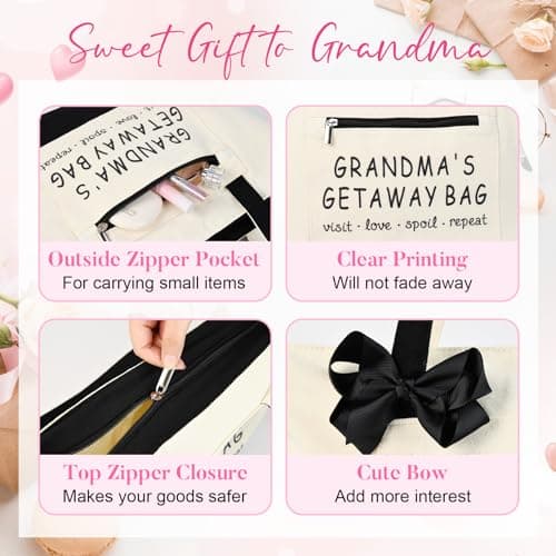 Grandma Brithday Canvas Tote Bag for Shopping Travel, Mothers day Gifts, Christmas Gifts for Grandma from Grandkids