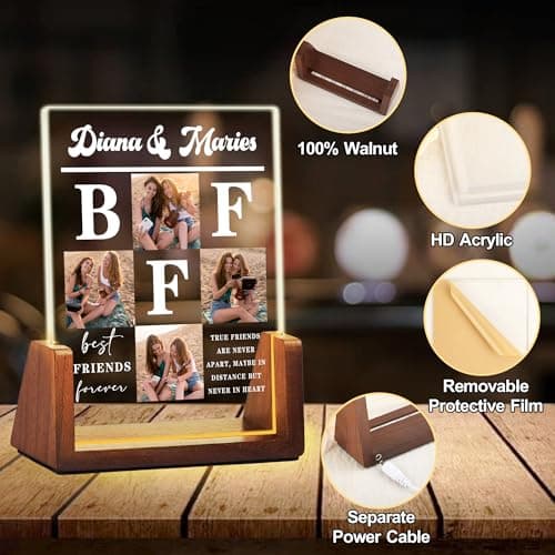 Personalized Best Friend Birthday Gifts for Women, Unique Friendship Gifts, Custom Acrylic Night Light Friend Picture Frame with Photo Name, Long Distance BFF Sister Bestie Christmas Gift